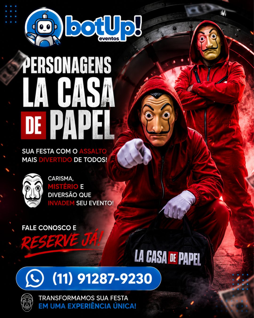 Panfleto dos personagens La Casa de Papel para eventos