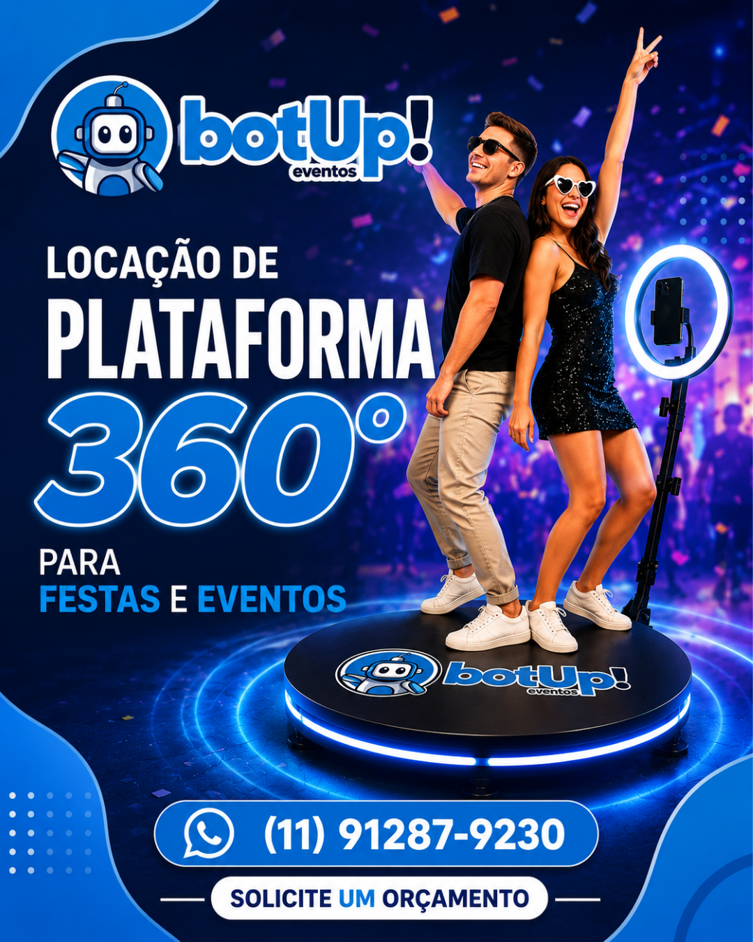 Panfleto da locação de Plataforma 360° para festas e eventos